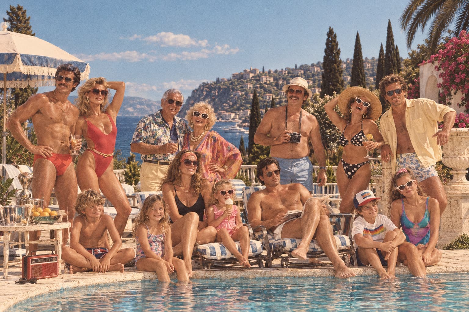 A glamorous family lined up by a villa pool